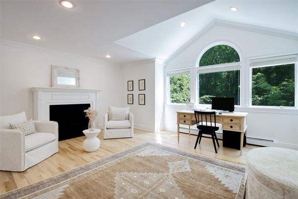 Fireplace, Home Office, Interior, Recessed Lighting, Wood Texture Flooring