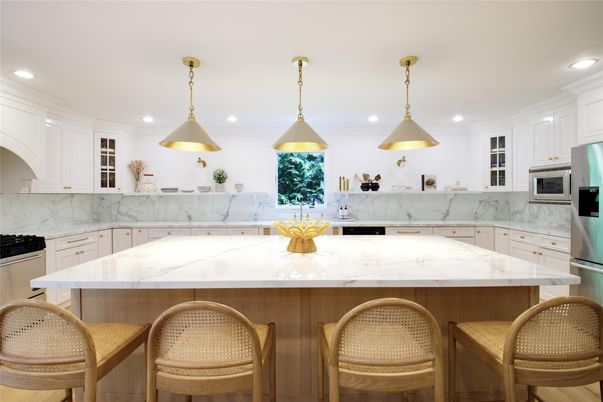Interior, Kitchen, Marble Walls, Pendant Lights, Recessed Lighting, Stainless Steel Appliances
