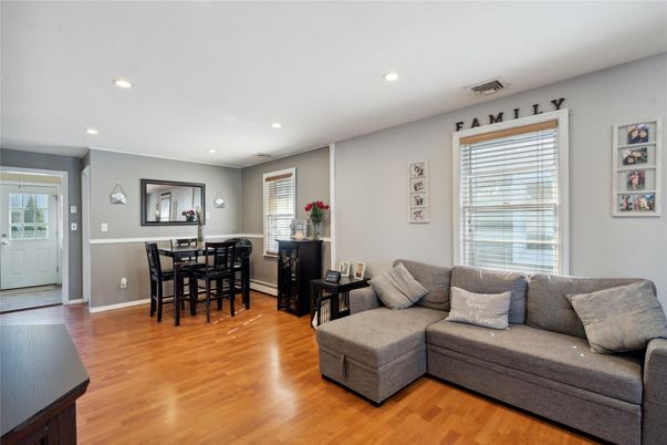 Dining room, Interior, Living room, Recessed Lighting, Wood Texture Flooring