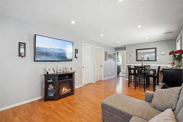 Dining room, Fireplace, Interior, Recessed Lighting, Wood Texture Flooring