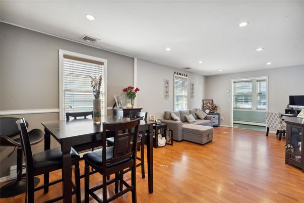 Dining room, Interior, Living room, Recessed Lighting, Wood Texture Flooring