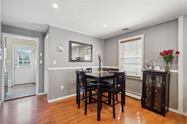 Dining room, Interior, Recessed Lighting, Wood Texture Flooring