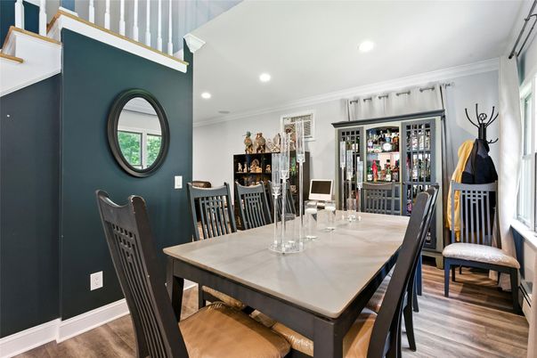 Dining room, Interior, Recessed Lighting, Wood Texture Flooring
