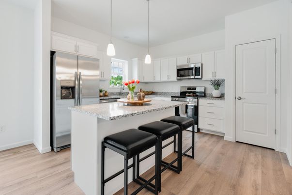 Interior, Kitchen, Pendant Lights, Stainless Steel Appliances, Wood Texture Flooring