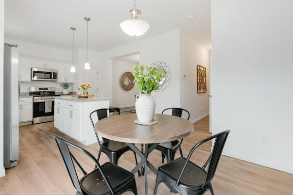 Dining room, Interior, Kitchen, Pendant Lights, Stainless Steel Appliances, Wood Texture Flooring