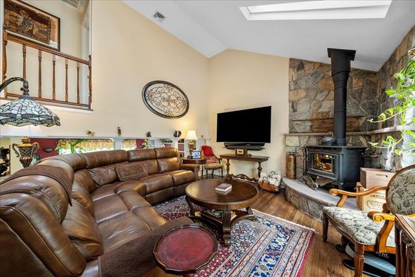 Fireplace, Interior, Living room, Stone Walls, Wood Texture Flooring