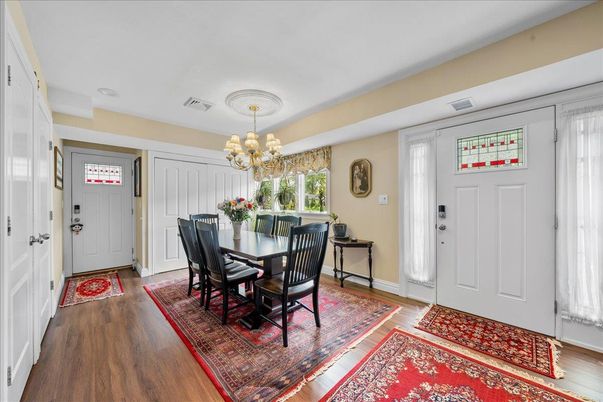 Chandelier, Dining room, Interior, Wood Texture Flooring