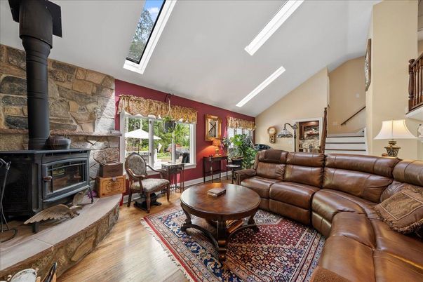 Fireplace, Interior, Living room, Stone Walls, Wood Texture Flooring