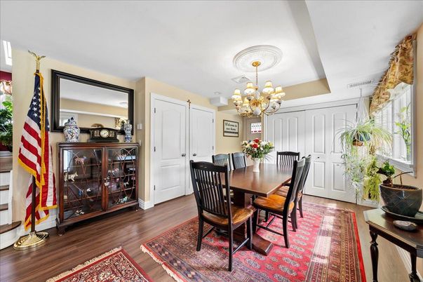 Chandelier, Dining room, Interior, Wood Texture Flooring
