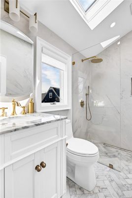 Bathroom, Glass Shower, Interior, Marble, Marble Walls, Recessed Lighting