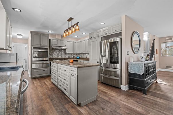 Interior, Kitchen, Pendant Lights, Recessed Lighting, Stainless Steel Appliances, Wood Texture Flooring