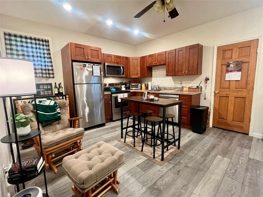 Interior, Kitchen, Recessed Lighting, Stainless Steel Appliances, Wood Texture Flooring