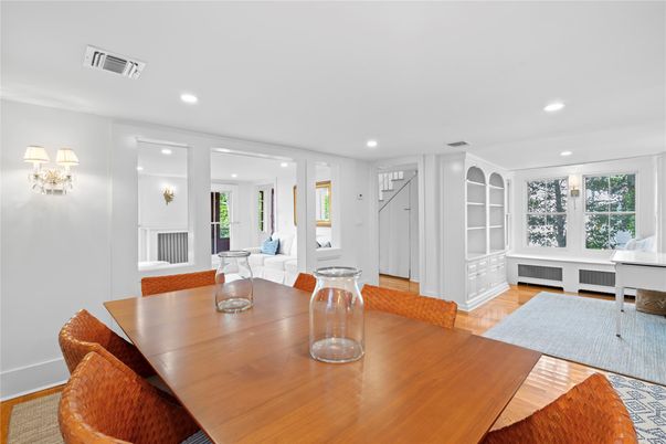 Dining room, Interior, Living room, Recessed Lighting, Wood Texture Flooring