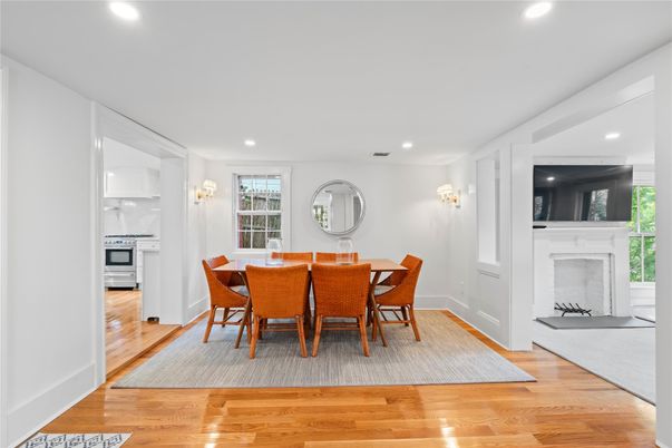 Dining room, Fireplace, Interior, Kitchen, Recessed Lighting, Wood Texture Flooring