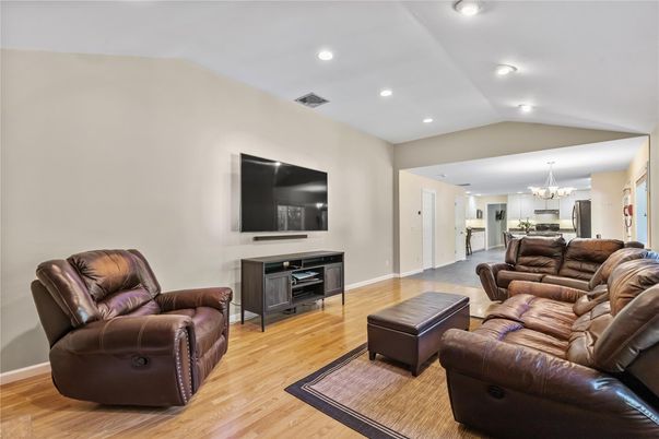 Chandelier, Interior, Kitchen, Living room, Recessed Lighting, Wood Texture Flooring