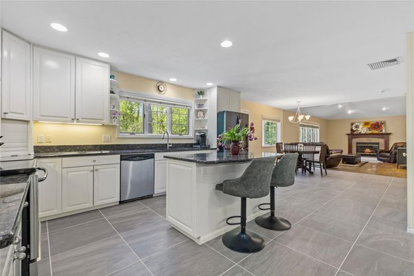 Chandelier, Dining room, Fireplace, Interior, Kitchen, Living room, Pendant Lights, Recessed Lighting