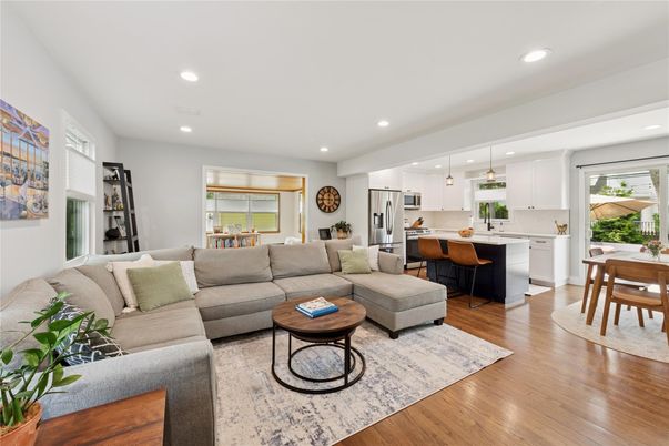 Dining room, Interior, Kitchen, Living room, Recessed Lighting, Stainless Steel Appliances, Wood Texture Flooring