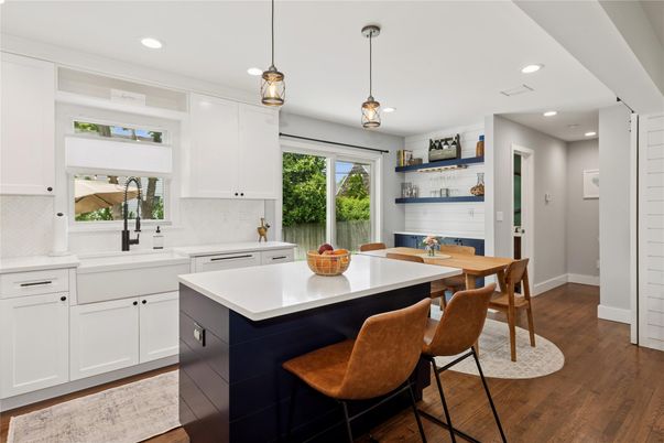Dining room, Fireplace, Interior, Kitchen, Pendant Lights, Recessed Lighting, Wood Texture Flooring