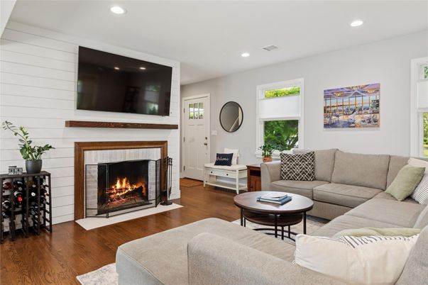 Fireplace, Interior, Living room, Recessed Lighting, Wood Texture Flooring