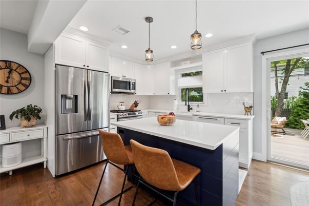 Interior, Kitchen, Pendant Lights, Recessed Lighting, Stainless Steel Appliances, Wood Texture Flooring