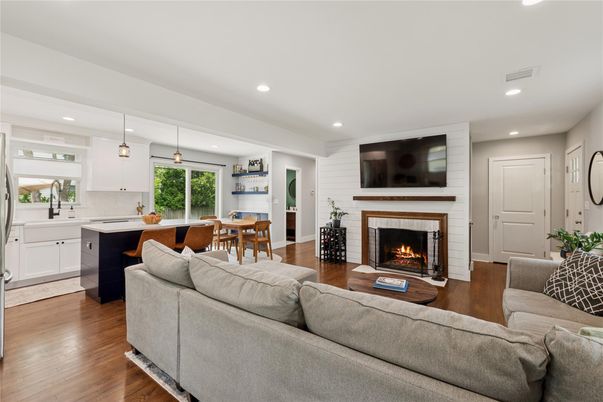 Dining room, Fireplace, Interior, Kitchen, Living room, Pendant Lights, Recessed Lighting, Wood Texture Flooring