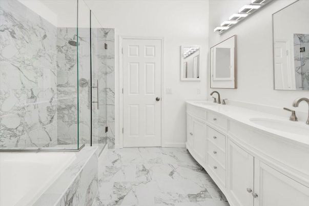 Bathroom, Dual Sink Vanities, Glass Shower, Interior, Marble, Marble Walls