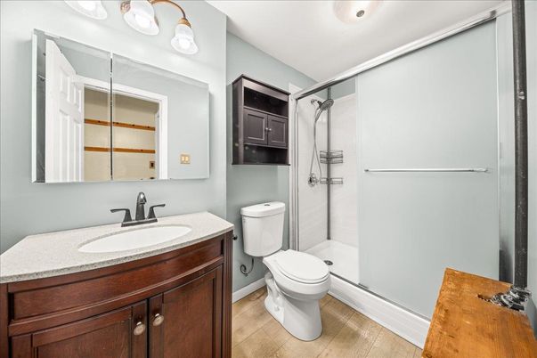 Bathroom, Glass Shower, Interior, Wood Texture Flooring