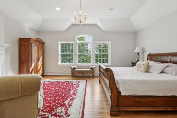 Bedroom, Chandelier, Interior, Recessed Lighting, Wood Texture Flooring