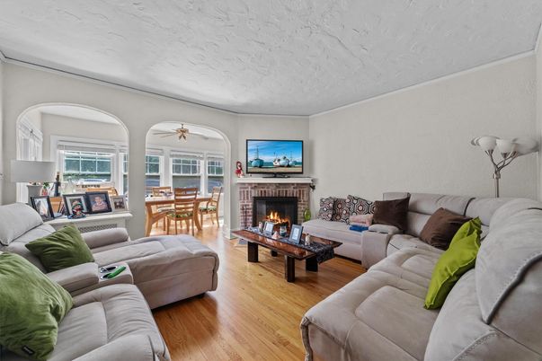 Dining room, Fireplace, Interior, Living room, Wood Texture Flooring