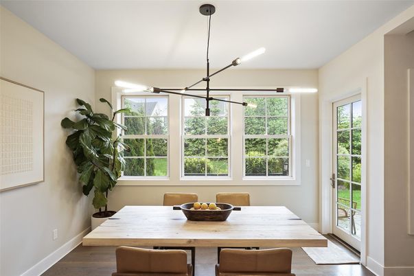 Dining room, Interior, Pendant Lights, Wood Texture Flooring