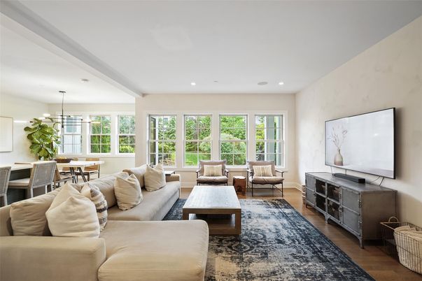 Dining room, Interior, Living room, Pendant Lights, Recessed Lighting, Wood Texture Flooring