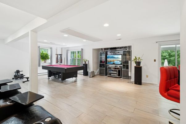 Billiard Table, Game Room, Interior, Recessed Lighting, Wood Texture Flooring