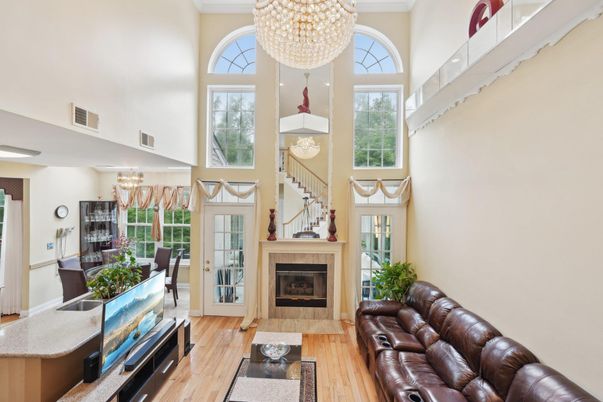 Chandelier, Dining room, Fireplace, Interior, Living room, Wood Texture Flooring
