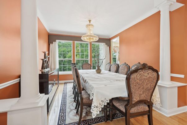 Chandelier, Dining room, Interior, Wood Texture Flooring