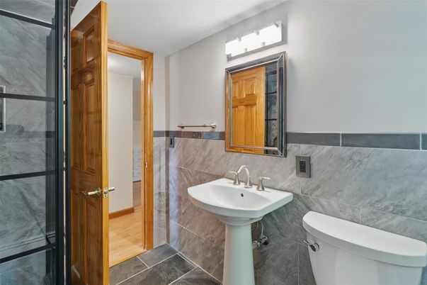 Bathroom, Interior, Marble Walls, Wood Texture Flooring