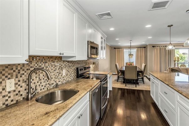 Dining room, Interior, Kitchen, Pendant Lights, Recessed Lighting, Wood Texture Flooring