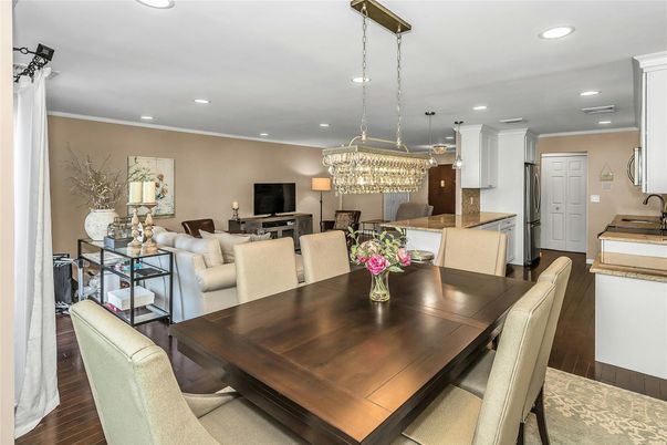 Chandelier, Dining room, Interior, Kitchen, Living room, Pendant Lights, Recessed Lighting, Wood Texture Flooring