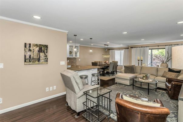Dining room, Interior, Living room, Pendant Lights, Recessed Lighting, Wood Texture Flooring
