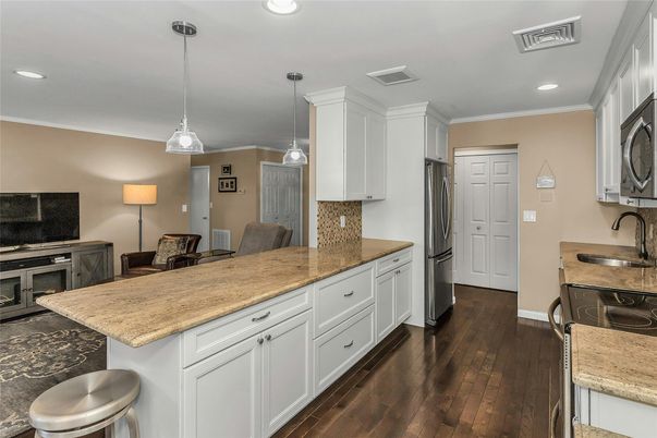 Interior, Kitchen, Pendant Lights, Recessed Lighting, Stainless Steel Appliances, Wood Texture Flooring