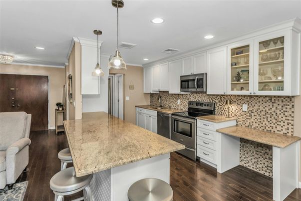 Interior, Kitchen, Pendant Lights, Recessed Lighting, Stainless Steel Appliances, Wood Texture Flooring