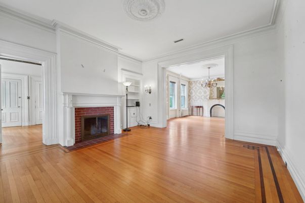 Chandelier, Empty room, Fireplace, Interior, Wood Texture Flooring