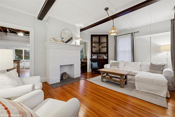 Fireplace, Interior, Living room, Pendant Lights, Wooden Beams, Wood Texture Flooring