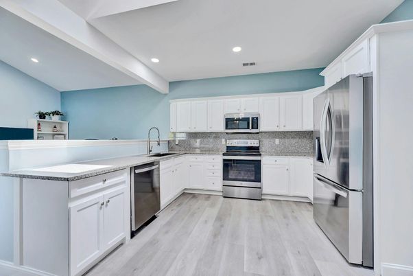 Interior, Kitchen, Recessed Lighting, Stainless Steel Appliances, Wood Texture Flooring