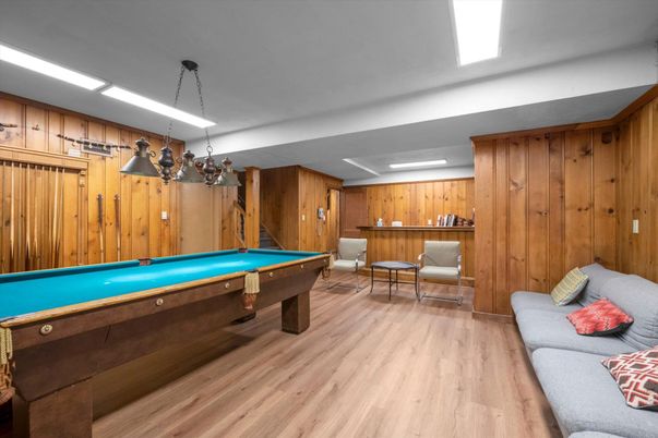 Billiard Table, Game Room, Interior, Pendant Lights, Wood Texture Flooring, Wooden Walls