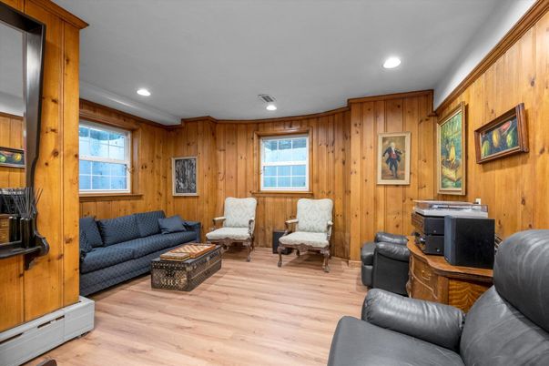 Interior, Living room, Recessed Lighting, Wood Texture Flooring, Wooden Walls