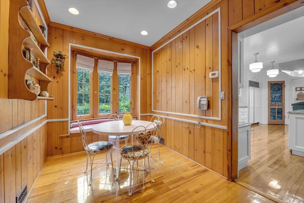 Dining room, Interior, Recessed Lighting, Wood Texture Flooring, Wooden Walls