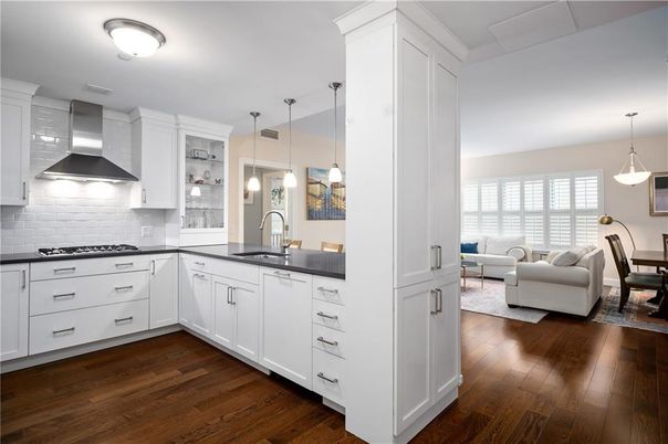 Dining room, Interior, Kitchen, Living room, Pendant Lights, Wood Texture Flooring