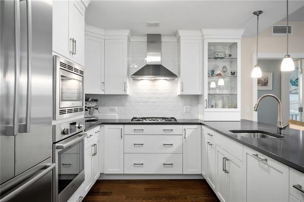 Interior, Kitchen, Pendant Lights, Stainless Steel Appliances, Wood Texture Flooring