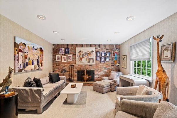 Fireplace, Interior, Living room, Recessed Lighting, Stone Walls