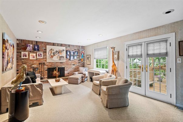 Fireplace, Interior, Living room, Recessed Lighting, Stone Walls